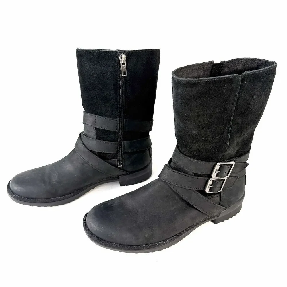 UGG Lorna Black Nubuck Leather Zip Mid Calf Boots Size 7.5 Style 1095155